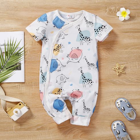 Baby Girl/Boy Elephant & Giraffe Print Short-sleeve Jumpsuit