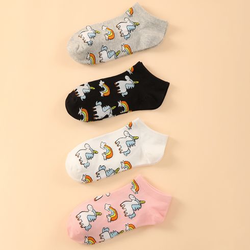 Women Cartoon Unicorn and Rainbow Print Multicolor Low Cut Socks 4 Pairs