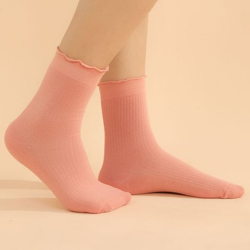 Women Lettuce Trim Solid Color Socks
