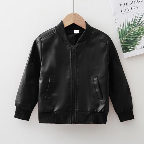 Toddler Boy Trendy Zipper PU Faux Leather Black Bomber Jacket