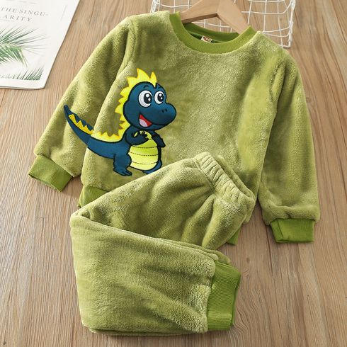 2pcs Toddler Boy Playful Dinosaur Embroidered Flannel Fleece Sweatshirt and Pants Set