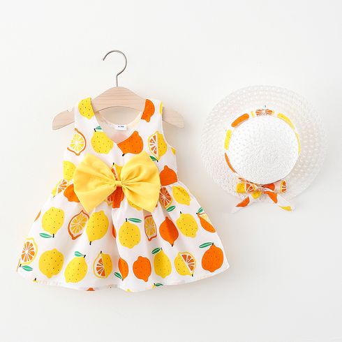 100% Cotton 2pcs Baby Girl All Over Lemon Print V Neck Sleeveless Bowknot Dress with Hat Set White big image 1