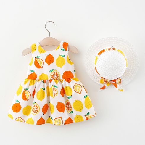 100% Cotton 2pcs Baby Girl All Over Lemon Print V Neck Sleeveless Bowknot Dress with Hat Set White big image 9