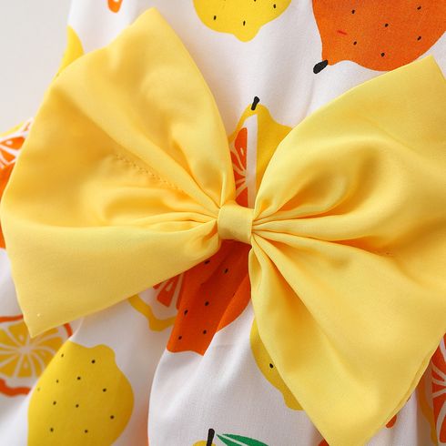 100% Cotton 2pcs Baby Girl All Over Lemon Print V Neck Sleeveless Bowknot Dress with Hat Set White big image 4
