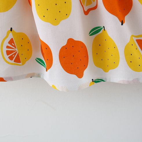 100% Cotton 2pcs Baby Girl All Over Lemon Print V Neck Sleeveless Bowknot Dress with Hat Set White big image 7