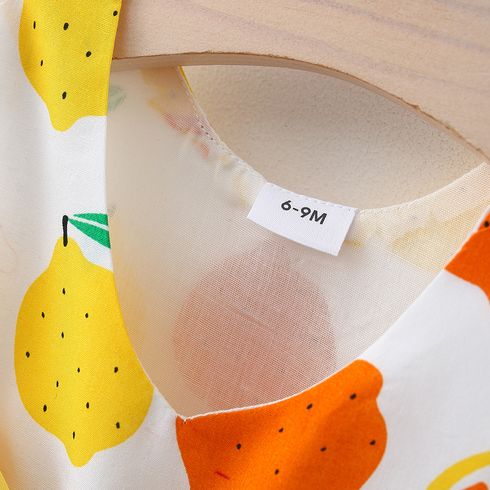 100% Cotton 2pcs Baby Girl All Over Lemon Print V Neck Sleeveless Bowknot Dress with Hat Set White big image 3