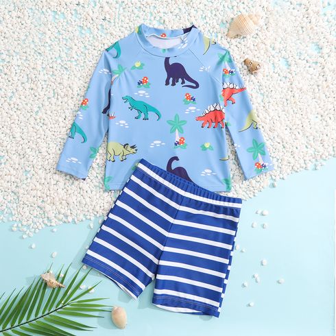 2Pcs Toddler Boy Playful Dinosaur Print Long-sleeve Top & Stripe Swim Trunks Set