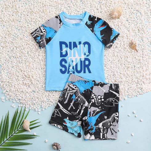 2pcs Toddler Boy Letter & Dinosaur Print Top and Swim Trunks