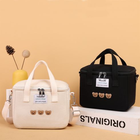 Cartoon Bear Embroidered Canvas Mommy Bag Letter Patched Zipper Crossbody Shoulder Bag Handbag Storage Pack
