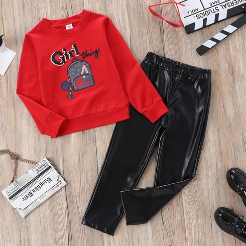 2-piece Kid Girl Letter Bag Print Red Pullover Sweatshirt and PU Leather Pants Set