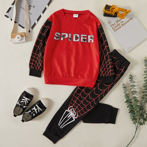 2-piece Kid Boy Letter Spider Web Print Pullover and Elasticized Black Pants Set