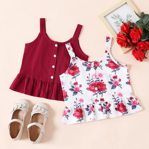 Kid Girl Button Design Ruffle Hem Floral Print/Red Camisole