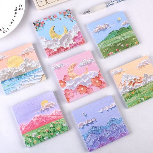 80 Sheets 3D Landscape Oil Painting Sticky Note Colored Notepad Memo Pad Office Student School Stationery Supplies