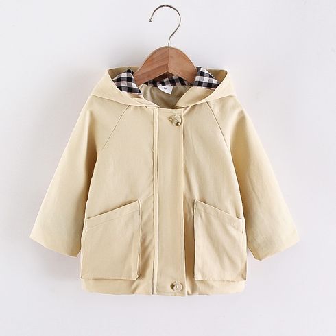 Toddler Boy 100% Cotton Button Design Plaid Lined Hooded Trench Coat