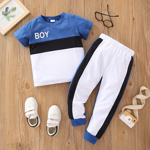 2pcs Toddler Boy Casual Letter Print Colorblock Tee and Pants Set