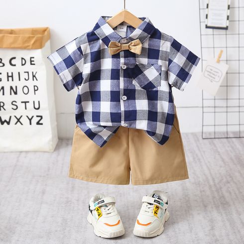 2pcs Toddler Boy Casual Plaid Shirt & Khaki Shorts Set