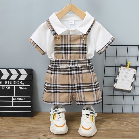 2pcs Toddler Boy Classic Plaid Polo Shirt and Overalls Shorts Set