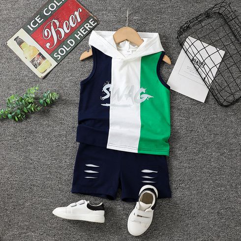 2pcs Toddler Boy Casual Colorblock Hooded Sleeveless Tee and Ripped Shorts Set