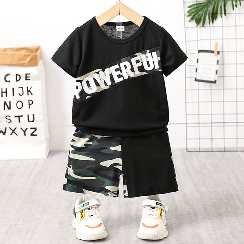 2pcs Toddler Boy Trendy Letter Print Colorblock Tee and Camouflage Print Shorts Set