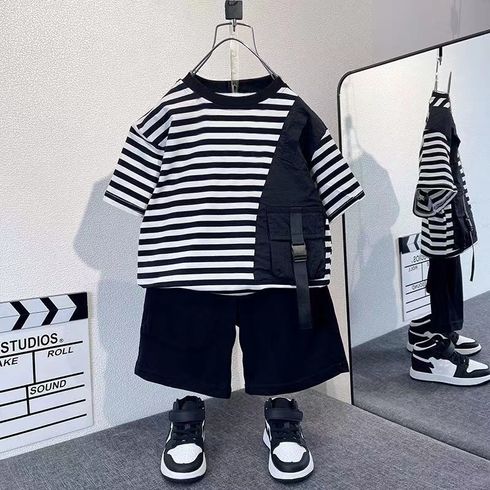 2pcs Toddler Boy Trendy Stripe Pocket Design Tee and Black Shorts Set