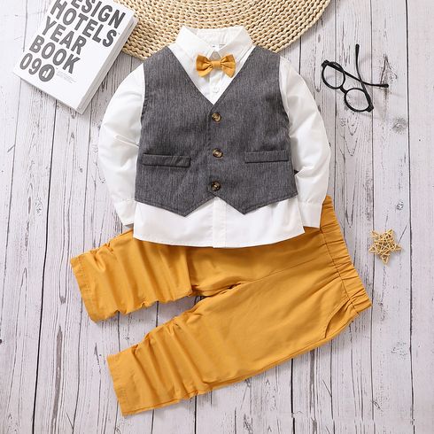 2pcs Toddler Boy Gentleman Suit, Faux-two Bow tie Vest Design Shirt and Pants Party Set