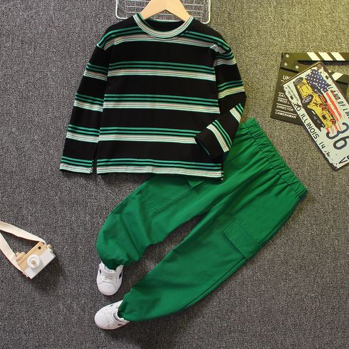 2pcs Kid Boy 100% Cotton Stripe Colorblock Long-sleeve Tee and Cargo Pants Set