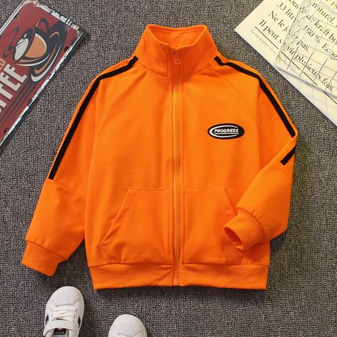 Kid Boy Letter Print Stand Collar Zipper Pocket Design Orange Jacket