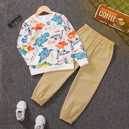 2pcs Kid Boy Animal Dinosaur Print Pullover Sweatshirt and 100% Cotton Pocket Design Pants Set