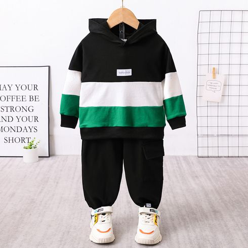 2pcs Toddler Boy Trendy Colorblock Hoodie Sweatshirt and Pocket Design Pants Set