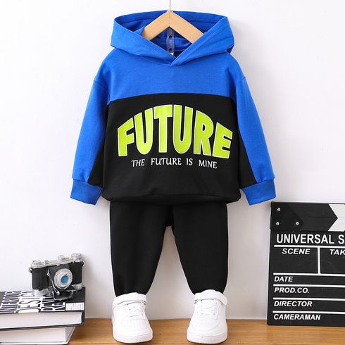 2pcs Toddler Boy Trendy Letter Print Colorblock Hoodie Sweatshirt and Pants Set