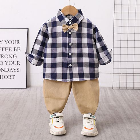 2pcs Toddler Boy Preppy style Lapel Collar Plaid Shirt and Pants Set