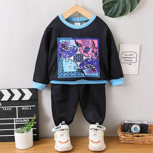 2pcs Toddler Boy Boho Colorblock Sweatshirt and Elasticized Pants Set