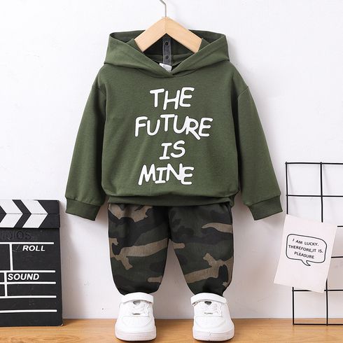 2pcs Toddler Boy Trendy Letter Print Hoodie Sweatshirt and Camouflage Print Pants Set