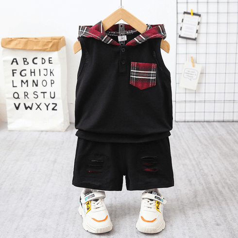 2pcs Toddler Boy Trendy Plaid Hooded Tank Top and Ripped Shorts Set