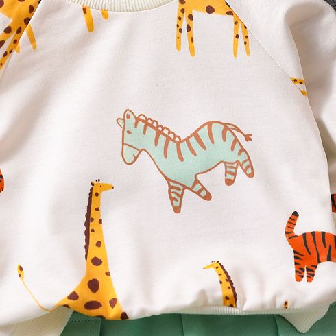 2pcs Baby Boy Allover Dinosaur Print Long-sleeve Sweatshirt & Solid Pants Set LightArmyGreen big image 4