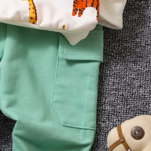 2pcs Baby Boy Allover Dinosaur Print Long-sleeve Sweatshirt & Solid Pants Set LightArmyGreen big image 6