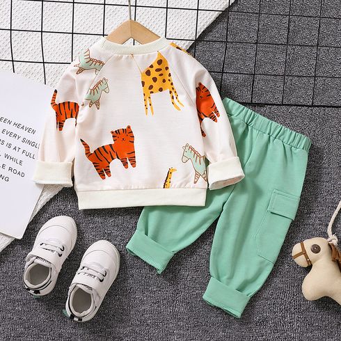 2pcs Baby Boy Allover Dinosaur Print Long-sleeve Sweatshirt & Solid Pants Set LightArmyGreen big image 2