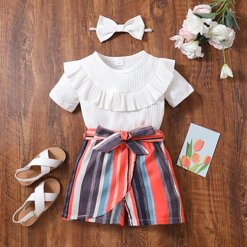 2pcs Toddler Girl Trendy Ruffled Ribbed Tee abd Stripe Belted Shorts Set