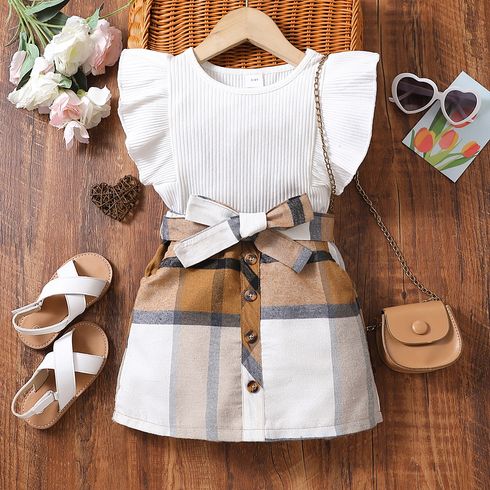 2pcs Toddler Girl Classic Ribbed Flutter-sleeve Tee and Plaid Belted Skirt Set
