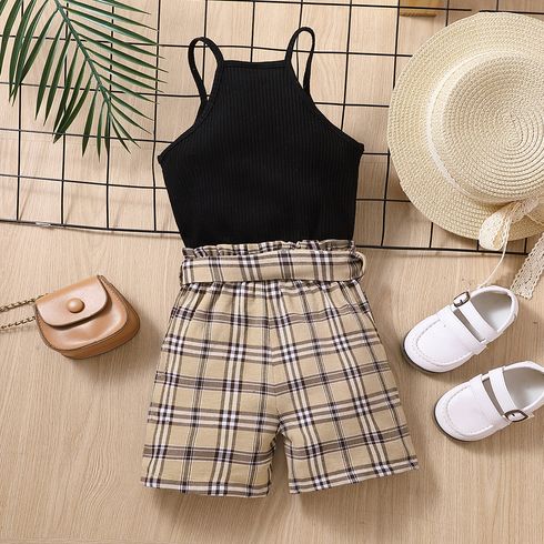 2pcs Toddler Girl Trendy Letter Embroidered Camisole and Plaid Belted Shorts Set Black big image 2