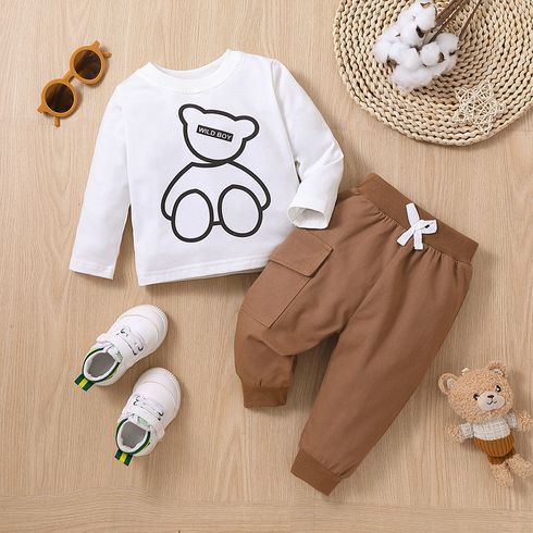 2pcs Baby Boy 100% Cotton Solid Pants and Long-sleeve Graphic Tee Set