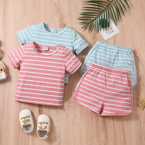 2pcs Baby Boy/Girl Short-sleeve Striped Tee & Shorts Set Blue big image 2