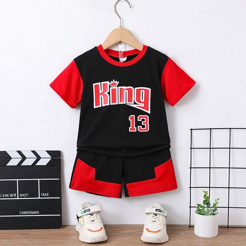 2pcs Toddler Boy Letter Print Two Tone Sports Tee and Shorts Set