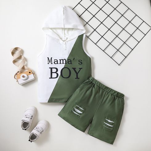2pcs Toddler Boy Letter Print Two Tone Hooded Tank Top and Ripped Shorts Set