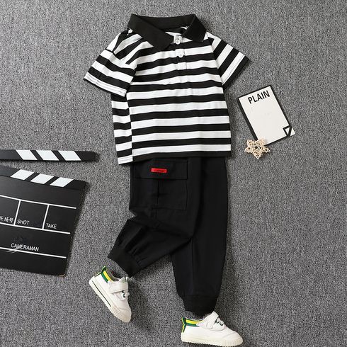 2pcs Toddler Boy Stripe Polo Neck Tee and 100% Cotton Cargo Pants Set 