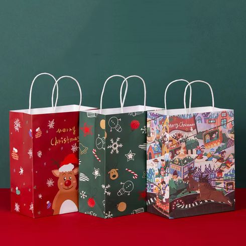 1-pack Christmas Kraft Paper Bag Gift Packaging Handle Bag for Christmas Party Supplies