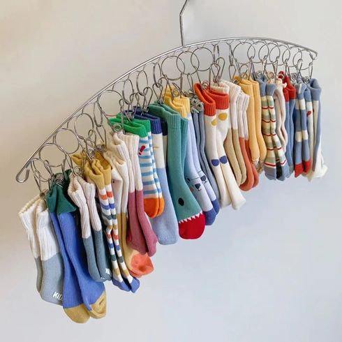 Clothes Hanger Stainless Steel Sock Drying Rack with 20 Clips Silver big image 3