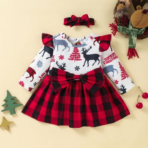 2pcs Christmas Deer Print Red Plaid Bowknot Long-sleeve Baby Dress Set