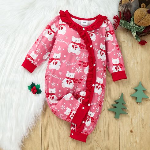 Christmas All Over Polar Bear and Letter Print Ruffle Snap-up Long-sleeve Baby Jumpsuit