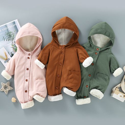 Baby 95% Cotton Long-sleeve Thickened Fleece Lined Hooded Waffle Jumpsuit